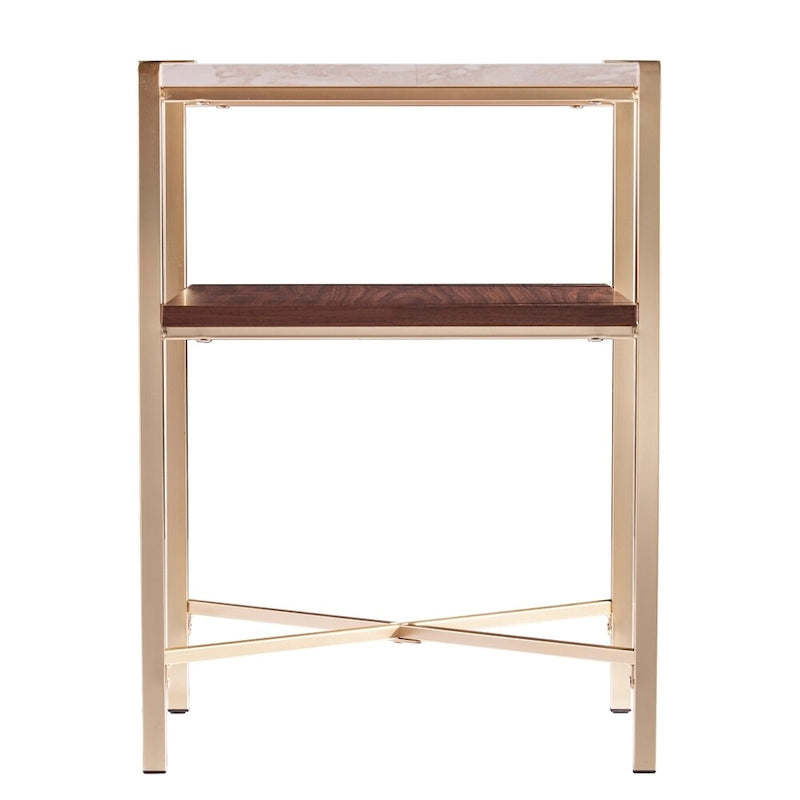 Table d'appoint à 2 niveaux en similicuir marbre blanc/brun avec étagère ouverte
