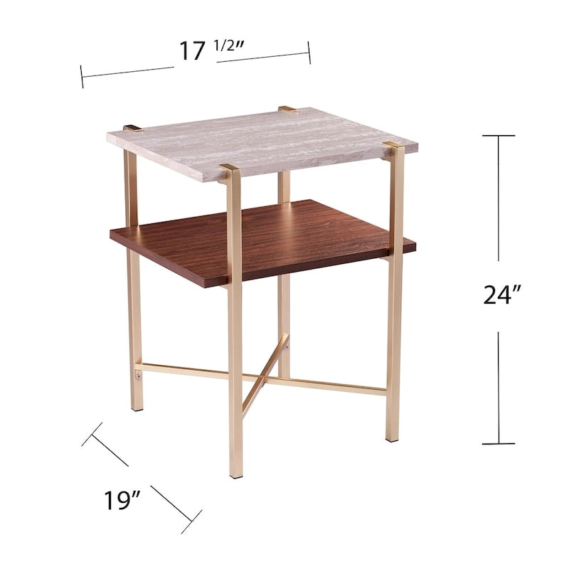 Table d'appoint à 2 niveaux en similicuir marbre blanc/brun avec étagère ouverte