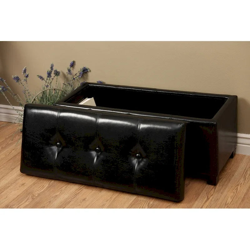 Banc de rangement en similicuir noir avec couvercle amovible, 1-2 personnes
