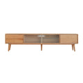 Meuble TV couleur bois naturel avec portes en verre et 3 tiroirs, assemblage par une seule personne