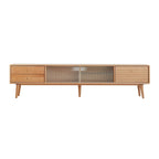 Meuble TV couleur bois naturel avec portes en verre et 3 tiroirs, assemblage par une seule personne