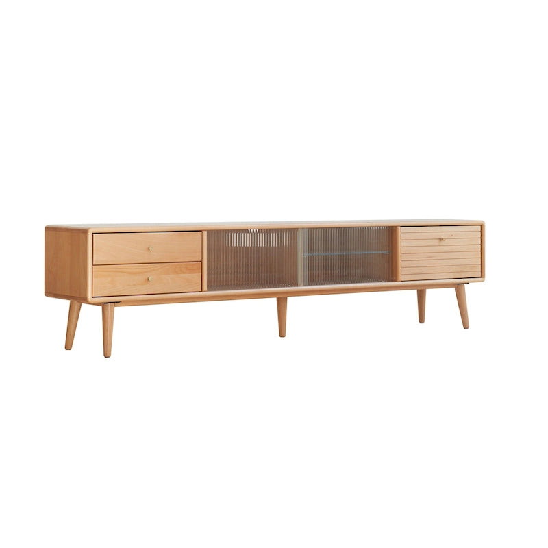 Meuble TV couleur bois naturel avec portes en verre et 3 tiroirs, assemblage par une seule personne