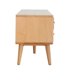 Meuble TV couleur bois naturel avec portes en verre et 3 tiroirs, assemblage par une seule personne