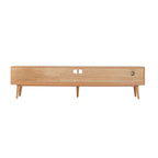 Meuble TV couleur bois naturel avec portes en verre et 3 tiroirs, assemblage par une seule personne