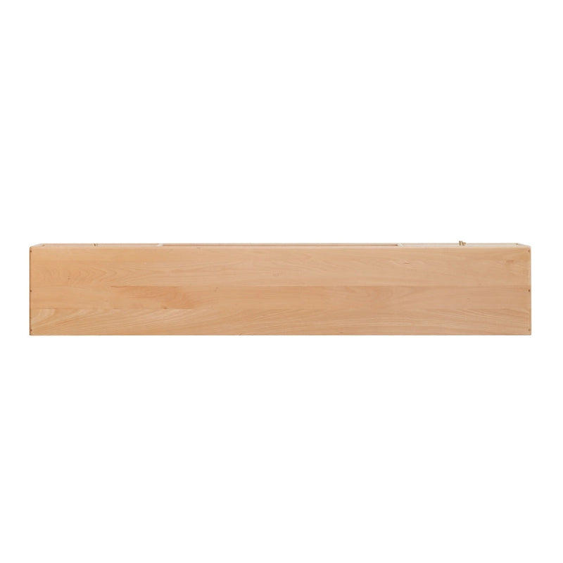 Meuble TV couleur bois naturel avec portes en verre et 3 tiroirs, assemblage par une seule personne