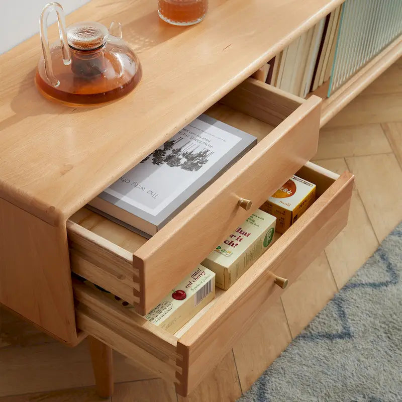 Meuble TV couleur bois naturel avec portes en verre et 3 tiroirs, assemblage par une seule personne