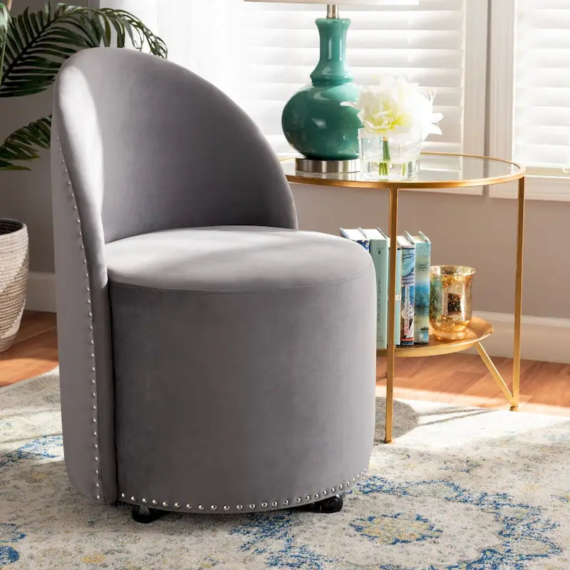 Fauteuil d'appoint roulant en velours bleu marine et gris, une place