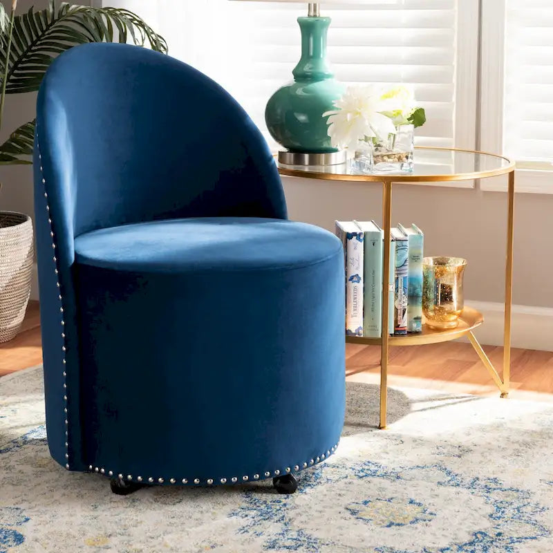 Fauteuil d'appoint roulant en velours bleu marine et gris, une place