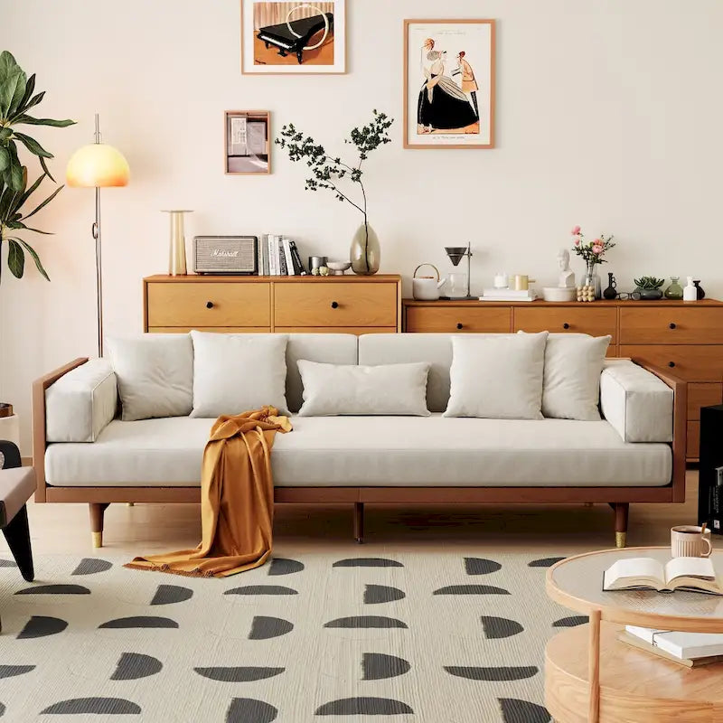 Canapé 3 places en coton et lin beige/café pour 3 personnes