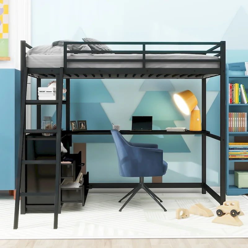 Lit mezzanine simple blanc/noir avec bureau, étagères et tiroirs, pour 1 personne
