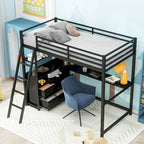 Lit mezzanine simple blanc/noir avec bureau, étagères et tiroirs, pour 1 personne