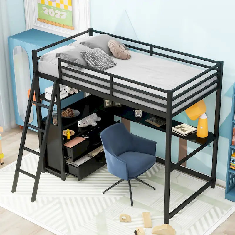 Lit mezzanine simple blanc/noir avec bureau, étagères et tiroirs, pour 1 personne