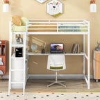 Lit mezzanine simple blanc/noir avec bureau, étagères et tiroirs, pour 1 personne