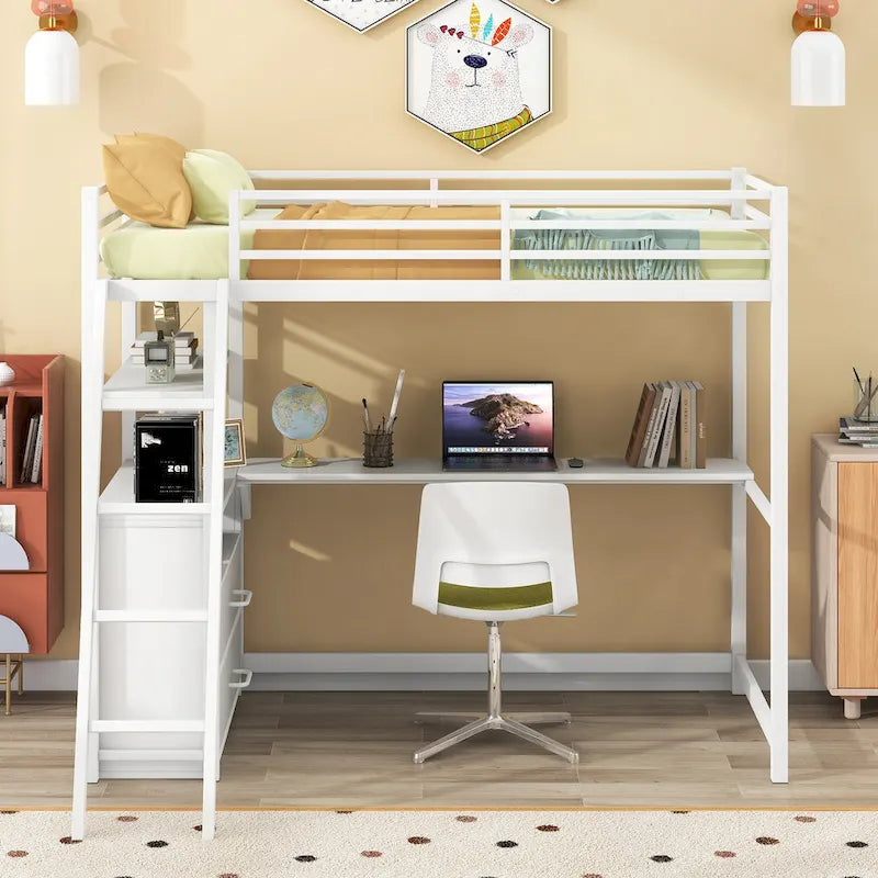 Lit mezzanine simple blanc/noir avec bureau, étagères et tiroirs, pour 1 personne