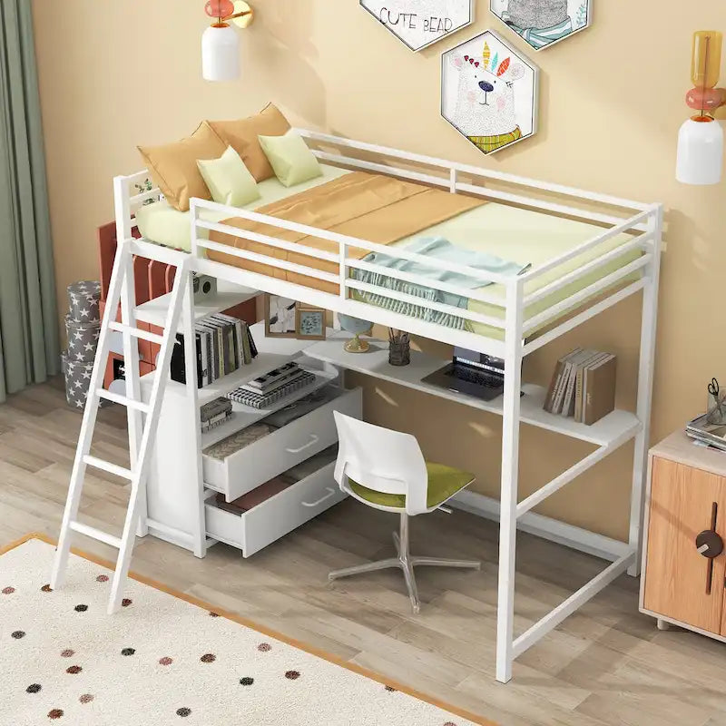 Lit mezzanine simple blanc/noir avec bureau, étagères et tiroirs, pour 1 personne