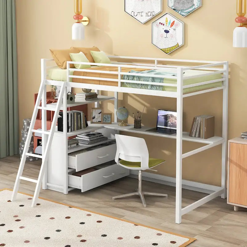 Lit mezzanine simple blanc/noir avec bureau, étagères et tiroirs, pour 1 personne
