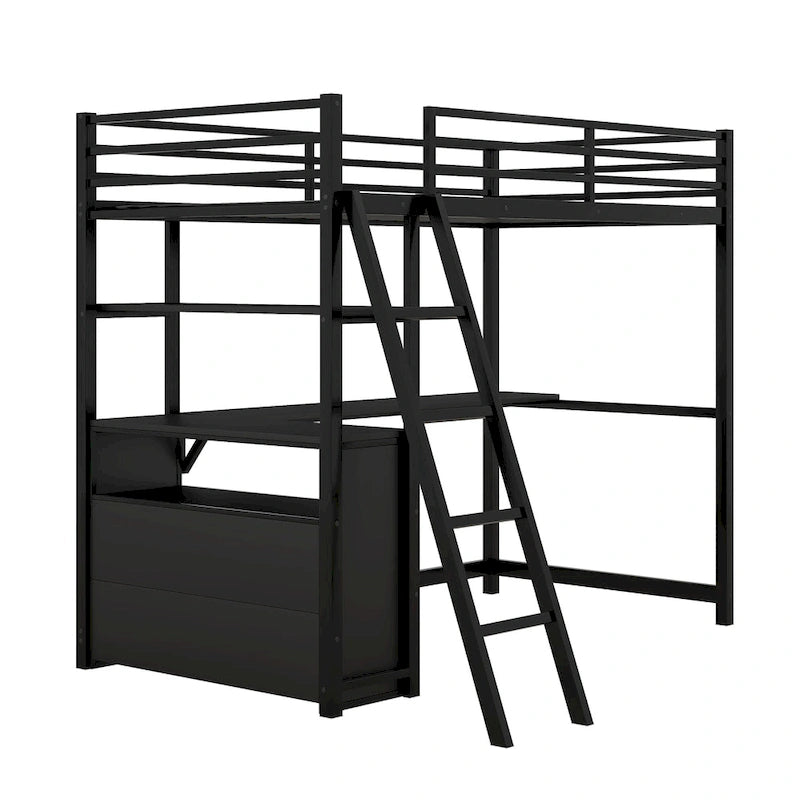 Lit mezzanine simple blanc/noir avec bureau, étagères et tiroirs, pour 1 personne