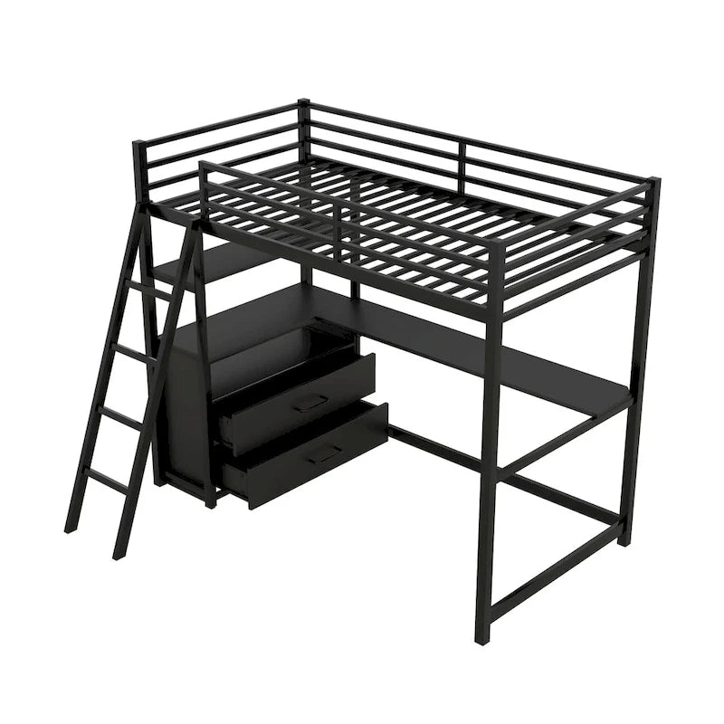 Lit mezzanine simple blanc/noir avec bureau, étagères et tiroirs, pour 1 personne