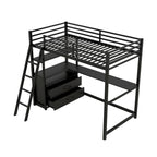 Lit mezzanine simple blanc/noir avec bureau, étagères et tiroirs, pour 1 personne