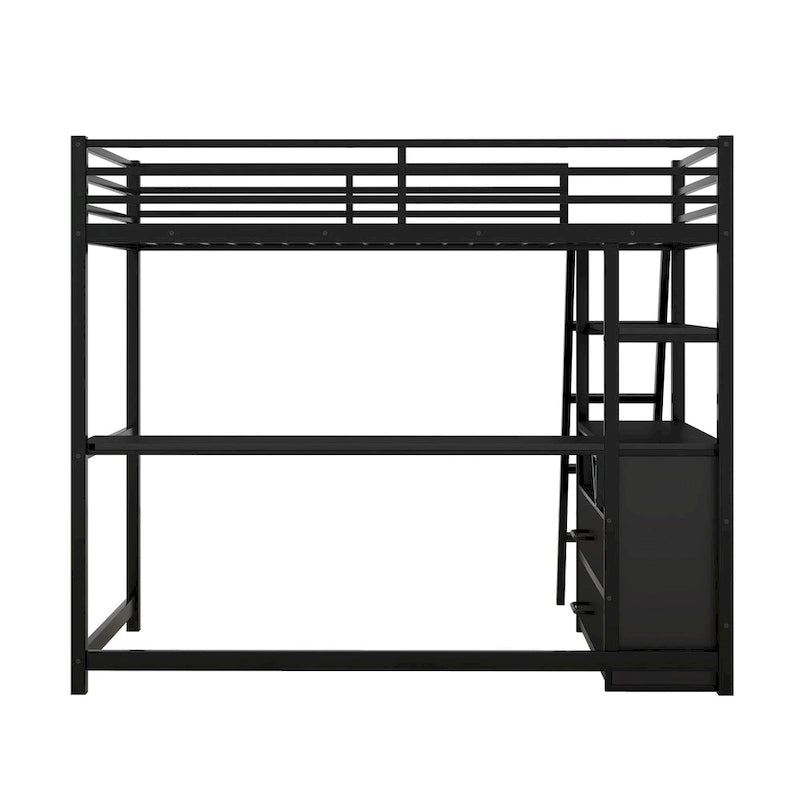 Lit mezzanine simple blanc/noir avec bureau, étagères et tiroirs, pour 1 personne