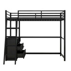 Lit mezzanine simple blanc/noir avec bureau, étagères et tiroirs, pour 1 personne