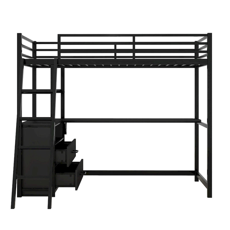 Lit mezzanine simple blanc/noir avec bureau, étagères et tiroirs, pour 1 personne