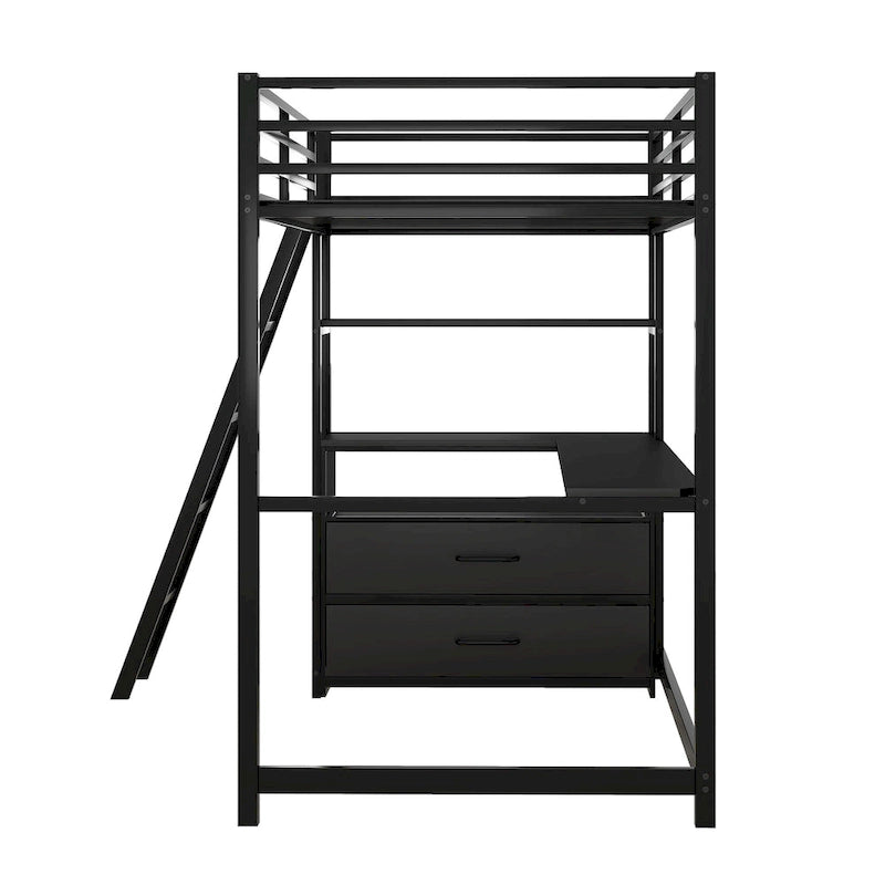 Lit mezzanine simple blanc/noir avec bureau, étagères et tiroirs, pour 1 personne