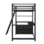 Lit mezzanine simple blanc/noir avec bureau, étagères et tiroirs, pour 1 personne