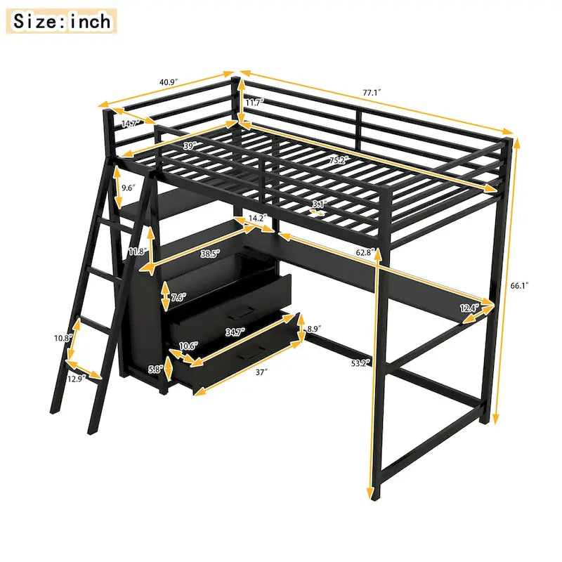 Lit mezzanine simple blanc/noir avec bureau, étagères et tiroirs, pour 1 personne