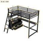 Lit mezzanine simple blanc/noir avec bureau, étagères et tiroirs, pour 1 personne