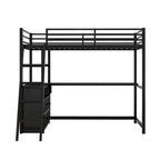 Lit mezzanine simple blanc/noir avec bureau, étagères et tiroirs, pour 1 personne