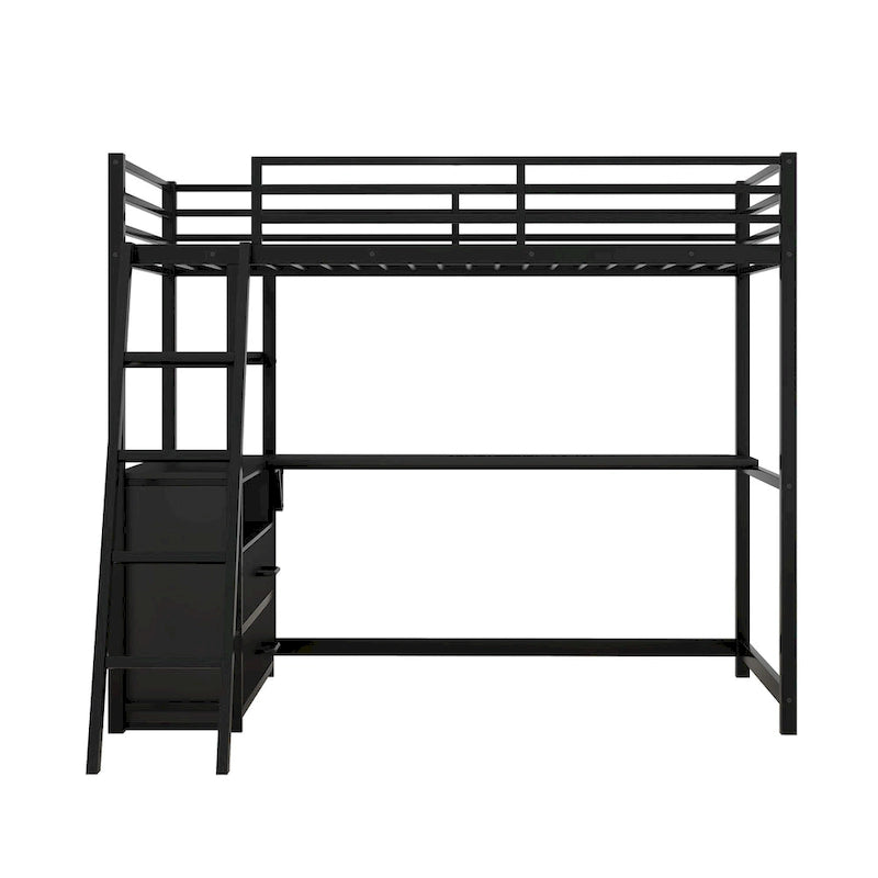 Lit mezzanine simple blanc/noir avec bureau, étagères et tiroirs, pour 1 personne