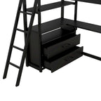 Lit mezzanine simple blanc/noir avec bureau, étagères et tiroirs, pour 1 personne
