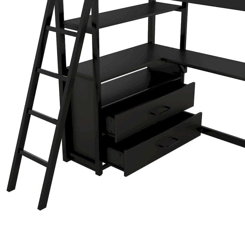 Lit mezzanine simple blanc/noir avec bureau, étagères et tiroirs, pour 1 personne