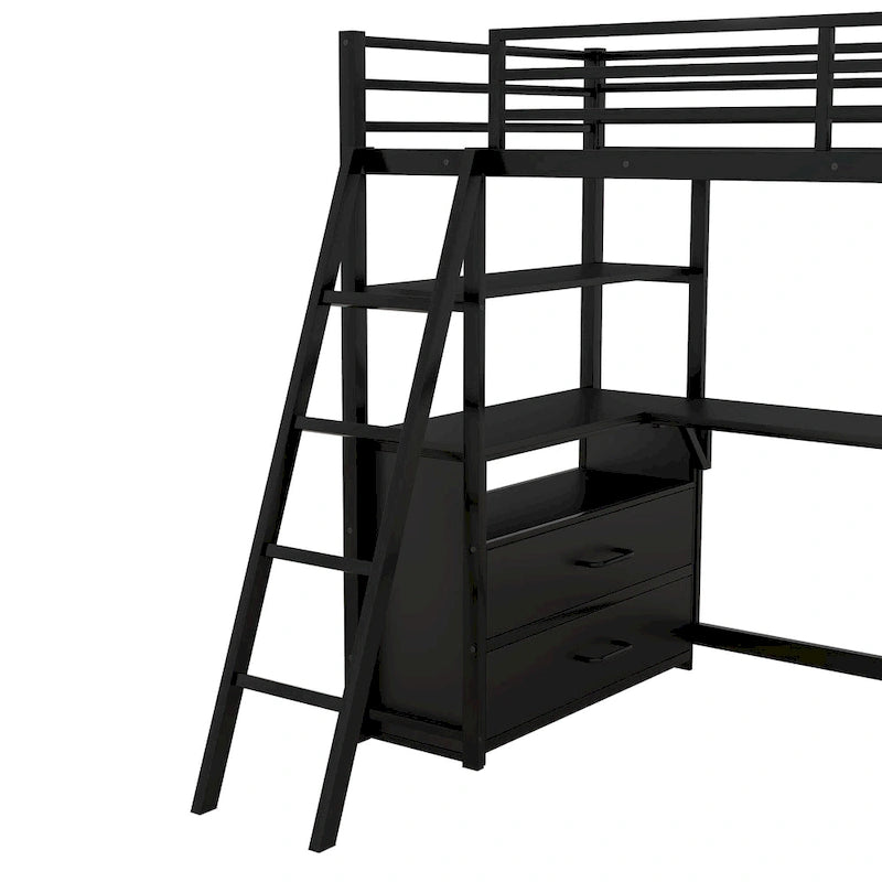 Lit mezzanine simple blanc/noir avec bureau, étagères et tiroirs, pour 1 personne