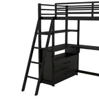 Lit mezzanine simple blanc/noir avec bureau, étagères et tiroirs, pour 1 personne