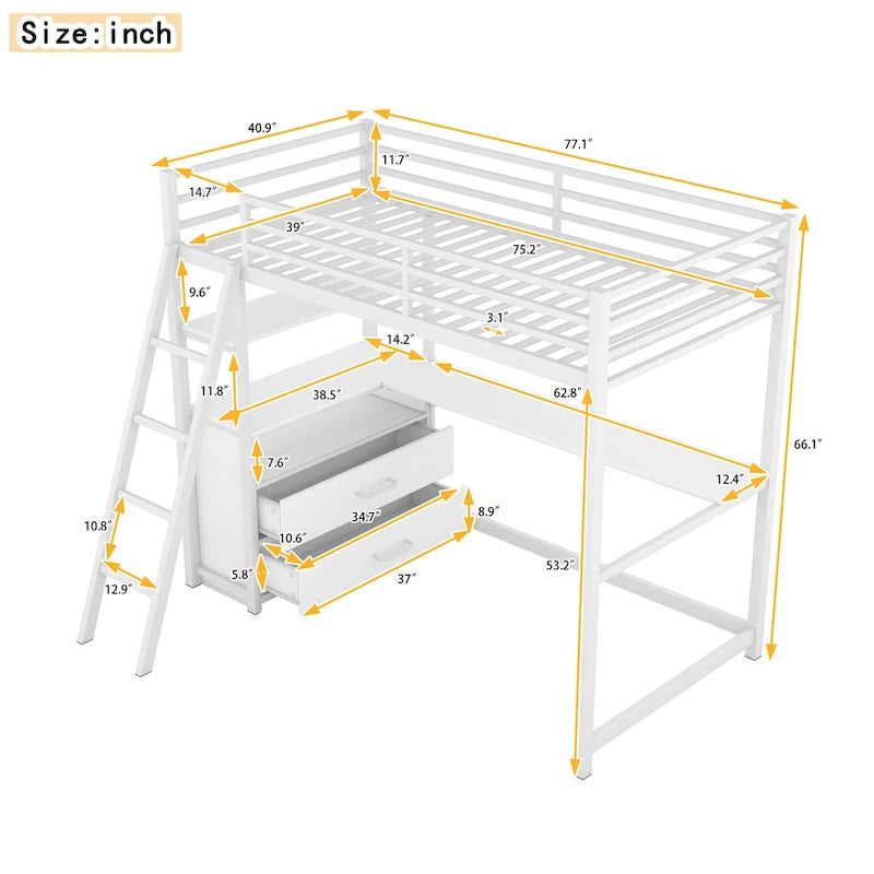 Lit mezzanine simple blanc/noir avec bureau, étagères et tiroirs, pour 1 personne