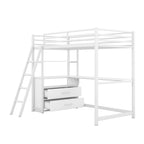Lit mezzanine simple blanc/noir avec bureau, étagères et tiroirs, pour 1 personne