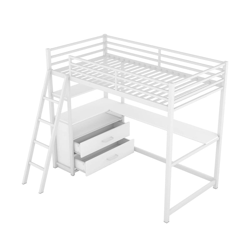 Lit mezzanine simple blanc/noir avec bureau, étagères et tiroirs, pour 1 personne