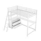 Lit mezzanine simple blanc/noir avec bureau, étagères et tiroirs, pour 1 personne