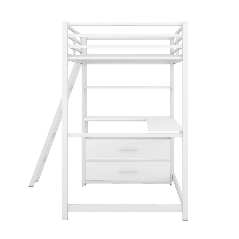 Lit mezzanine simple blanc/noir avec bureau, étagères et tiroirs, pour 1 personne