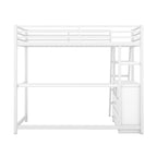 Lit mezzanine simple blanc/noir avec bureau, étagères et tiroirs, pour 1 personne