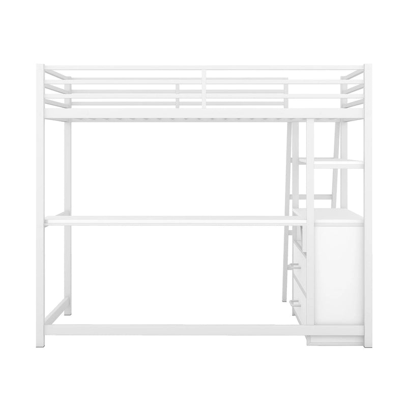 Lit mezzanine simple blanc/noir avec bureau, étagères et tiroirs, pour 1 personne