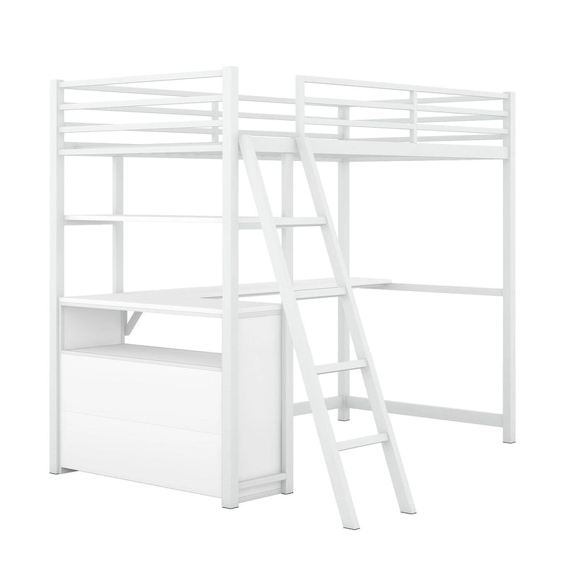 Lit mezzanine simple blanc/noir avec bureau, étagères et tiroirs, pour 1 personne