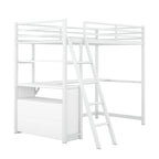 Lit mezzanine simple blanc/noir avec bureau, étagères et tiroirs, pour 1 personne