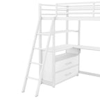 Lit mezzanine simple blanc/noir avec bureau, étagères et tiroirs, pour 1 personne