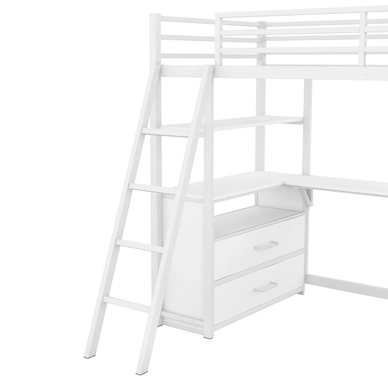 Lit mezzanine simple blanc/noir avec bureau, étagères et tiroirs, pour 1 personne