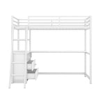 Lit mezzanine simple blanc/noir avec bureau, étagères et tiroirs, pour 1 personne