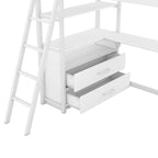 Lit mezzanine simple blanc/noir avec bureau, étagères et tiroirs, pour 1 personne