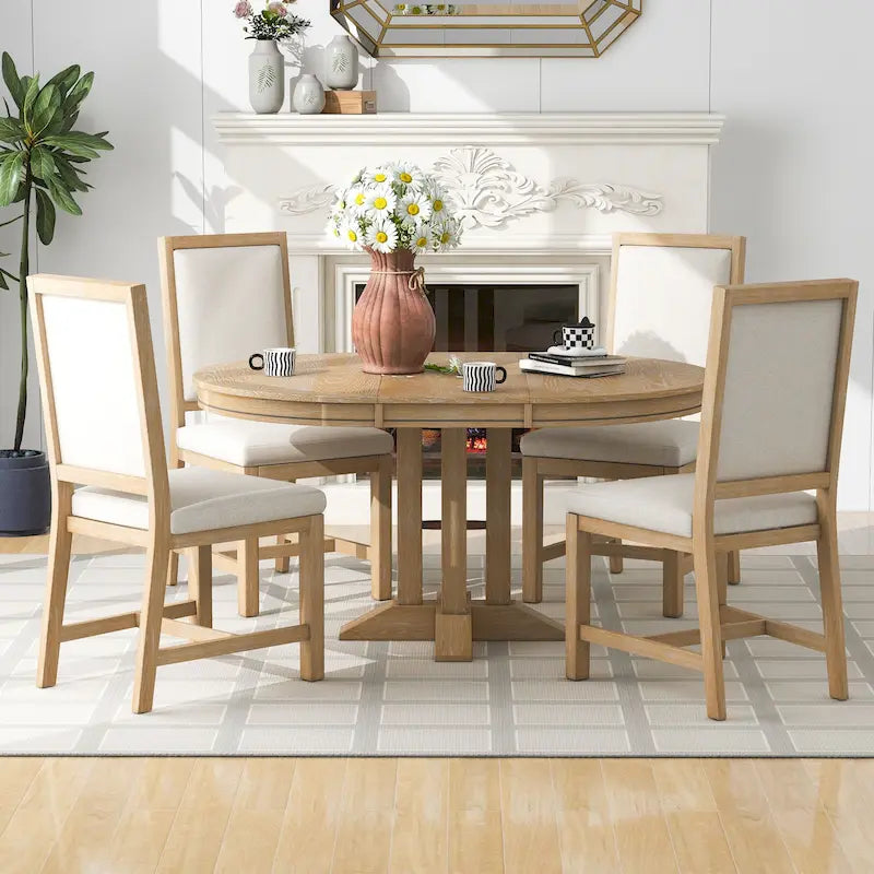 Ensemble de salle à manger rond extensible 5 pièces en bois naturel/noir pour 6 personnes